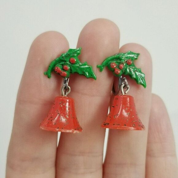 Vintage Christmas Bells Jewelry Set, Brooch Clip On Earrings, Red Green Holiday - Picture 4 of 8
